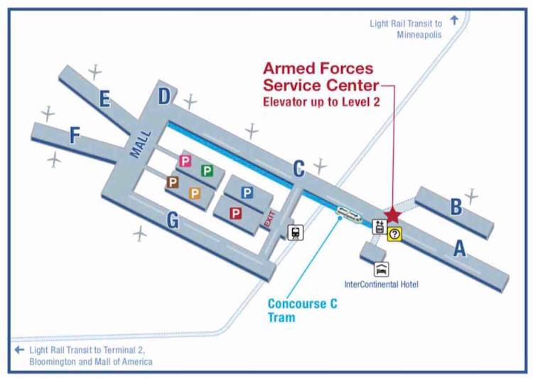 Map to the Armed Forces Service Center between Concourse C and A on the Second Level